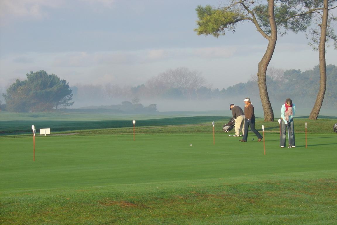 Golfers on a practice putting green on a foggy winter day