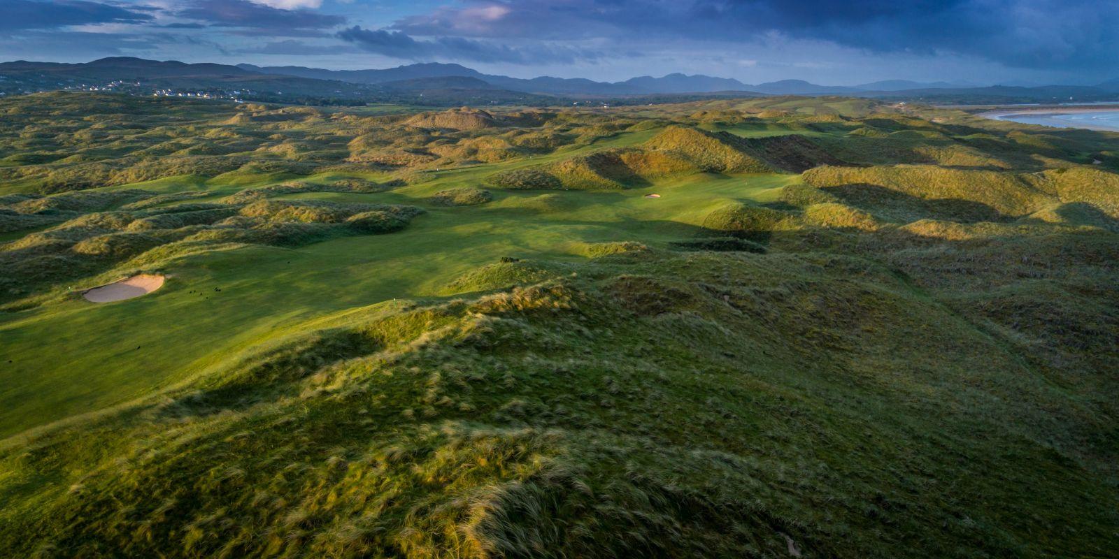 Overhead view of the hilly course at sandy hills showing off its bunkers and wide fairways