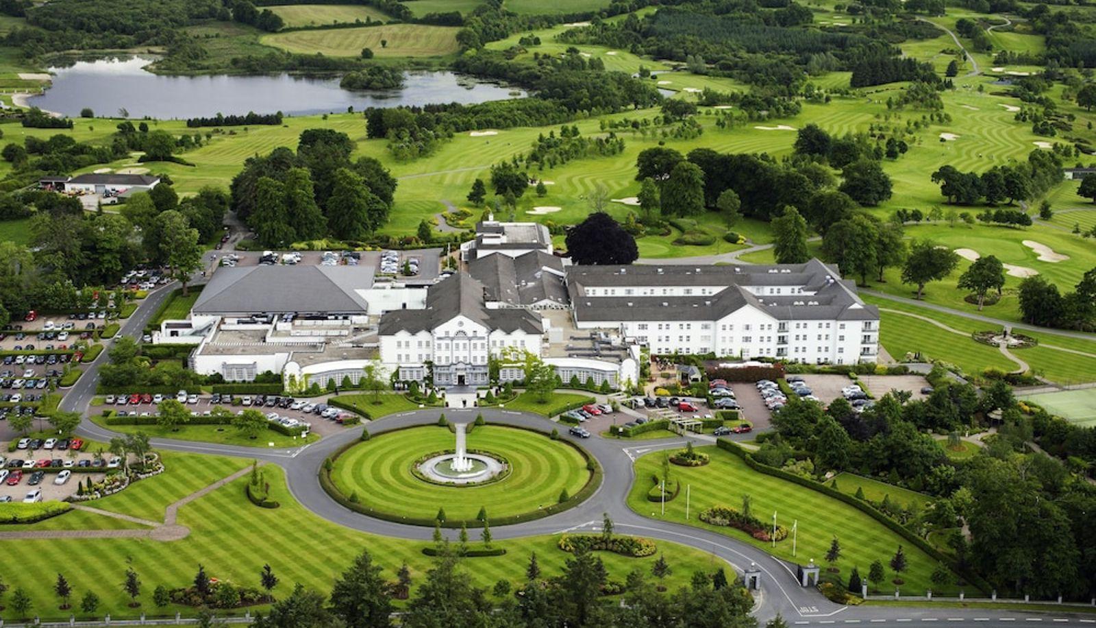 Birds-eye view of the main building at Slieve Russell showing off its clubhouse, accommodation and golf course