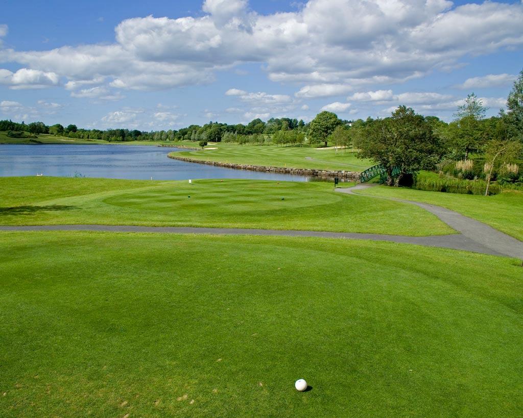 Tee off at the golf course and proceed to the next hole by going over the bridge where you'll see sturdy trees