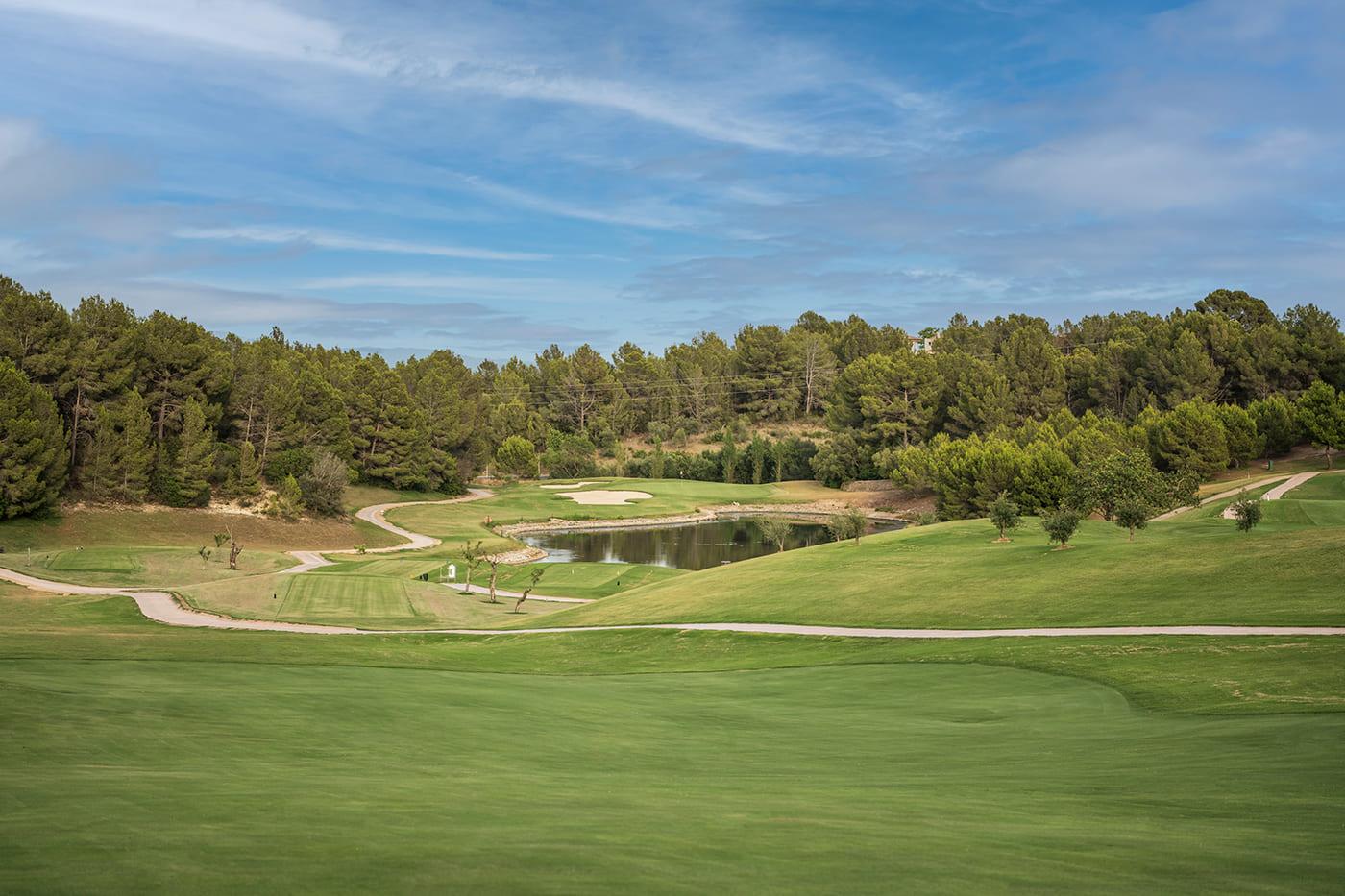 Winding fairways leading up to a green with water hazard in front and trees behind