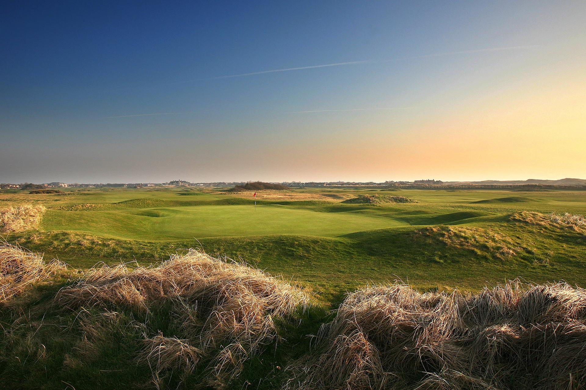 A wide view of a flat, open golf green surrounded by tall golden grass under a clear evening sky.