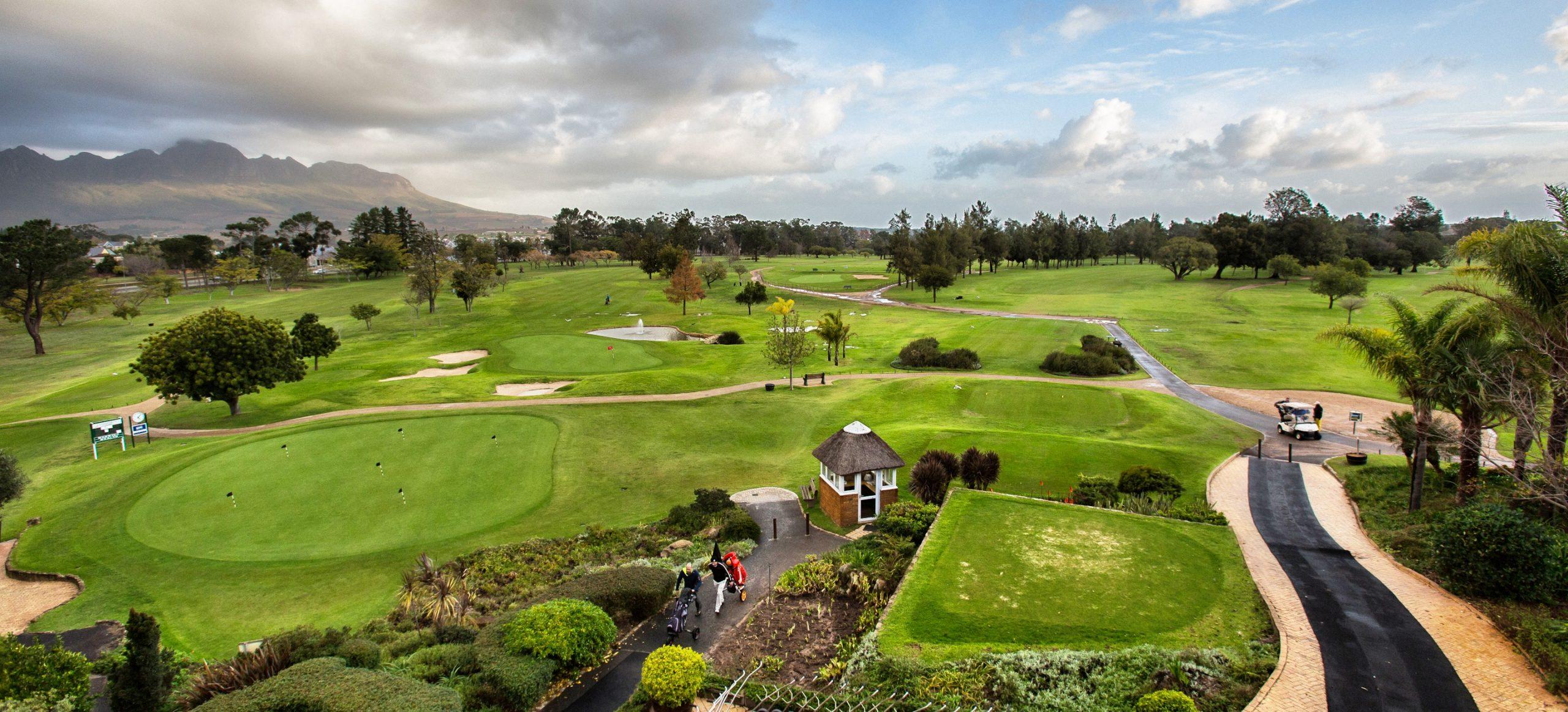 Overhead view of a practice green leading to the Stellenbosch Golf course