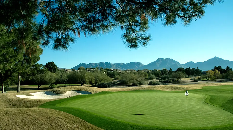 Serene green framed by desert trees and mountains under a clear blue sky.