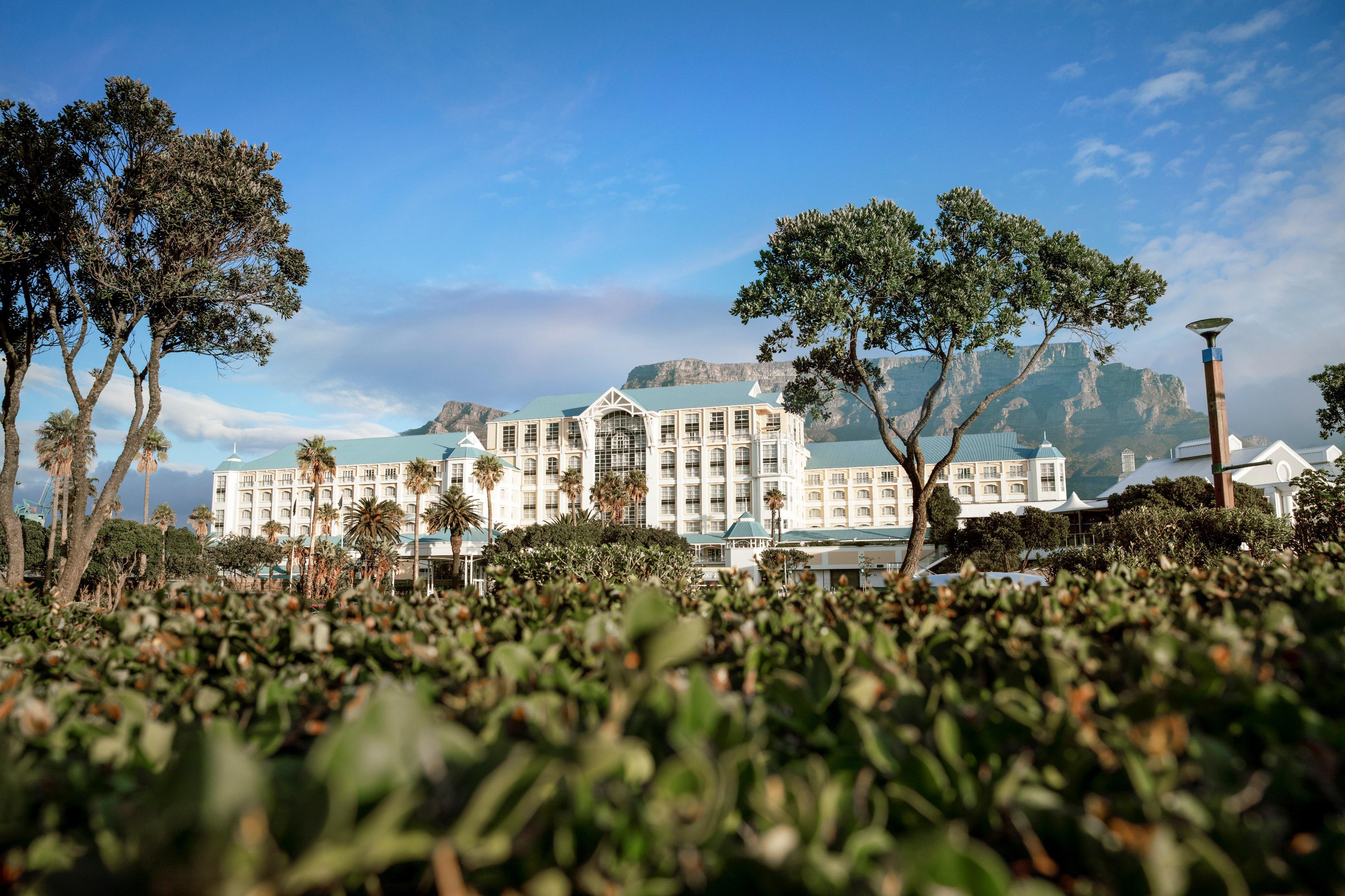 Mountain towering over the The Table Bay Hotel building nestled with palm trees