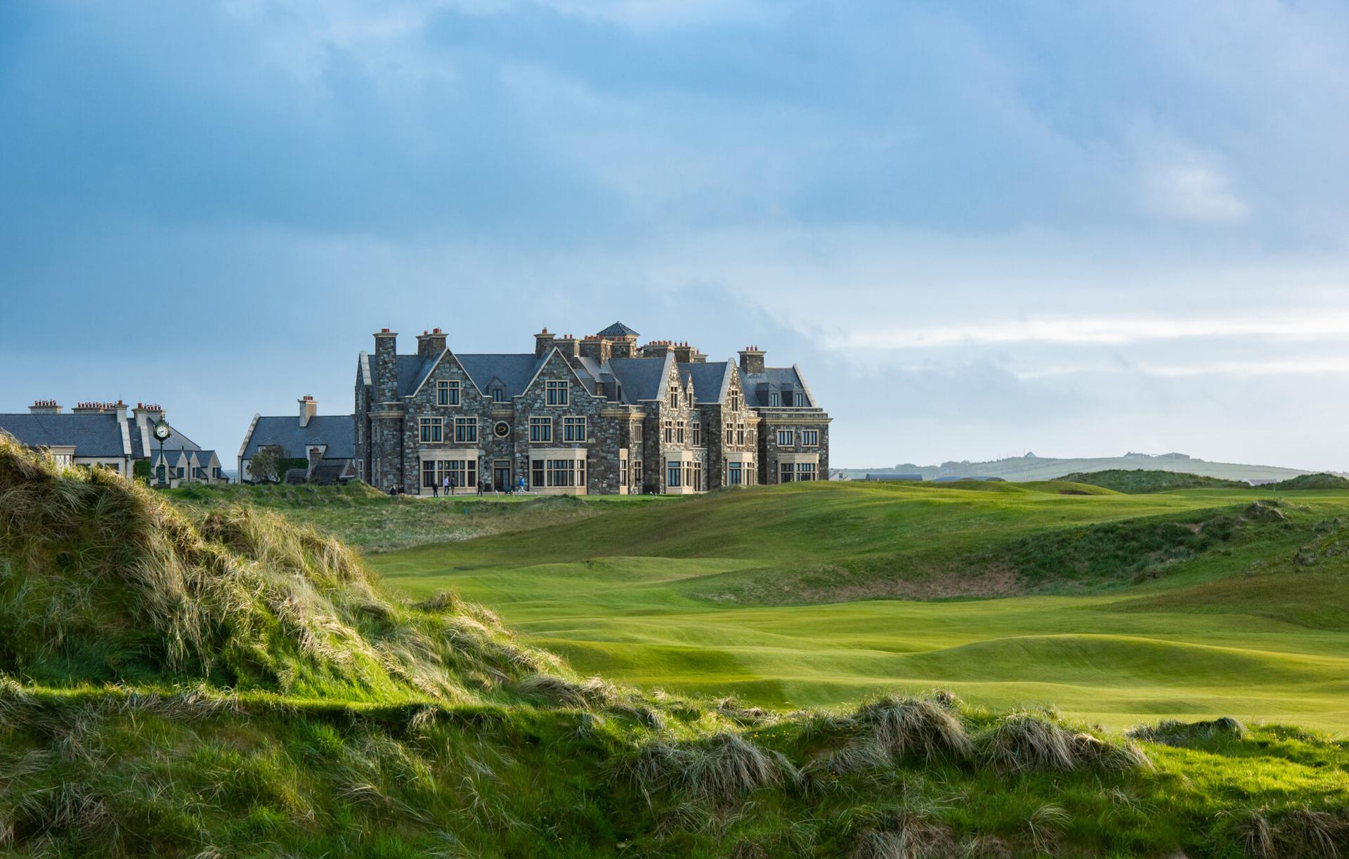 The rugged Trump Doonbeg golf course with the luxury resort in the distance.