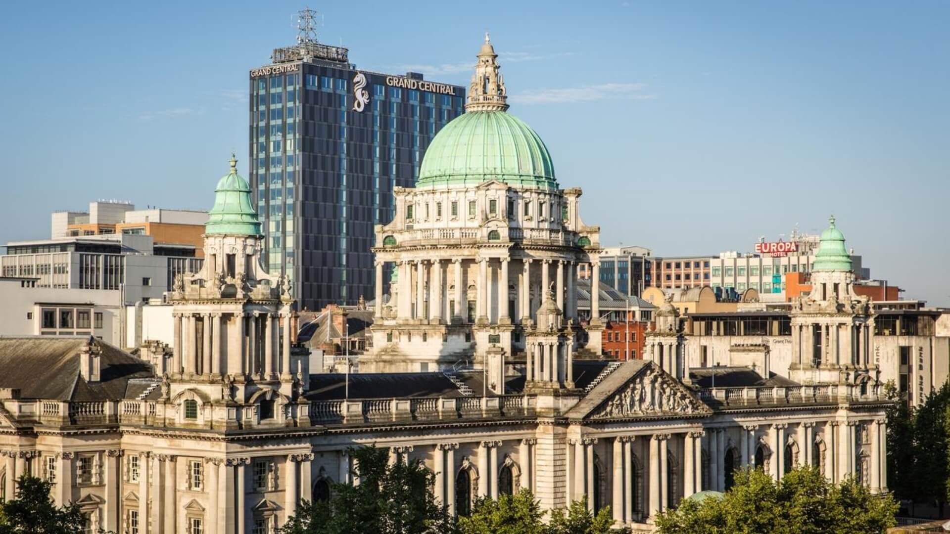 Belfast City Hall and surrounding architecture in Northern Ireland