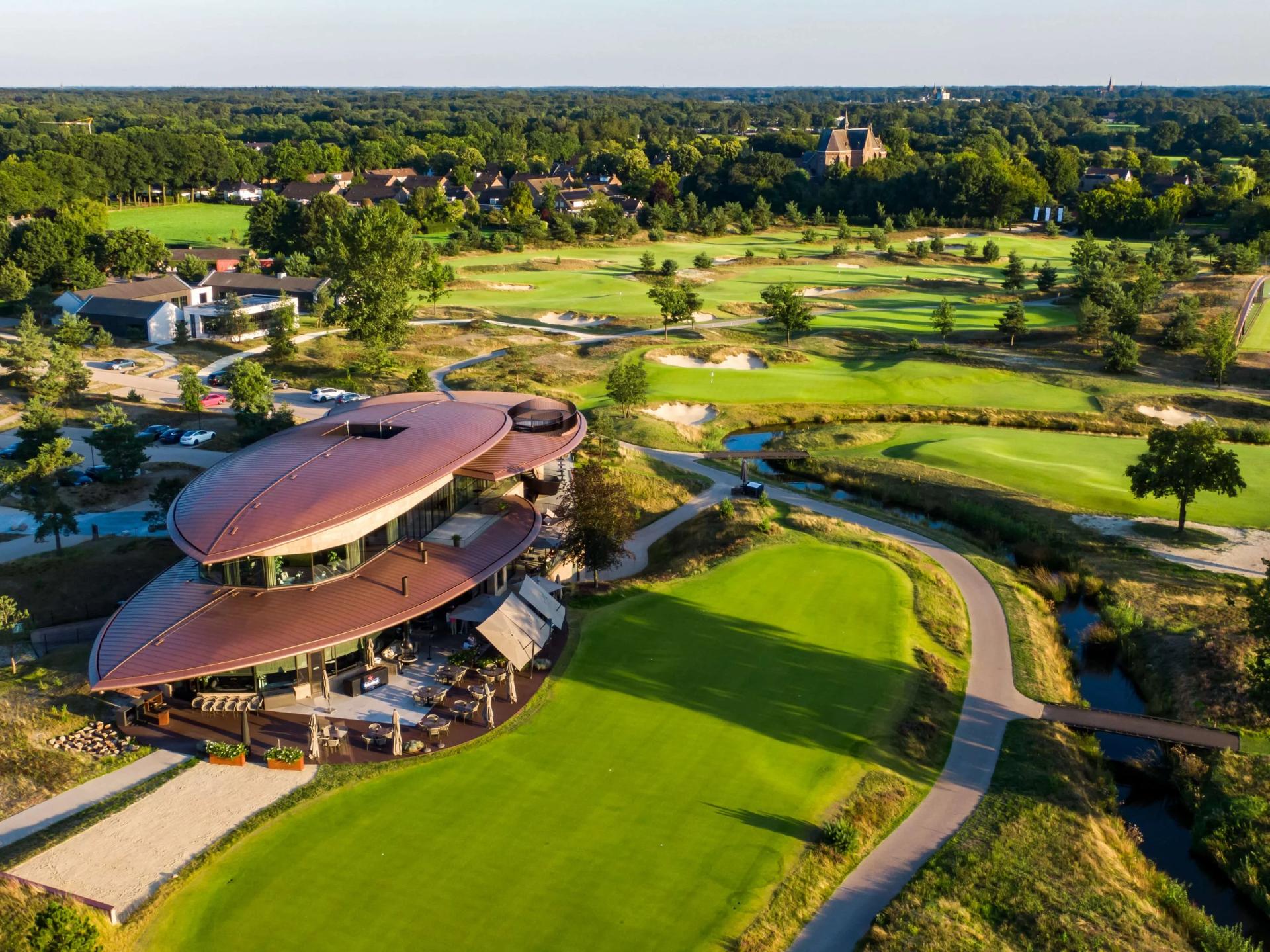 Birdseye view of the Bernardus Lodge & Golf clubhouse overlooking he course