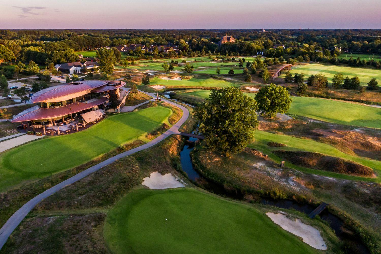 Overhead view of the Bernardus Lodge & Golf clubhouse overlooking the course
