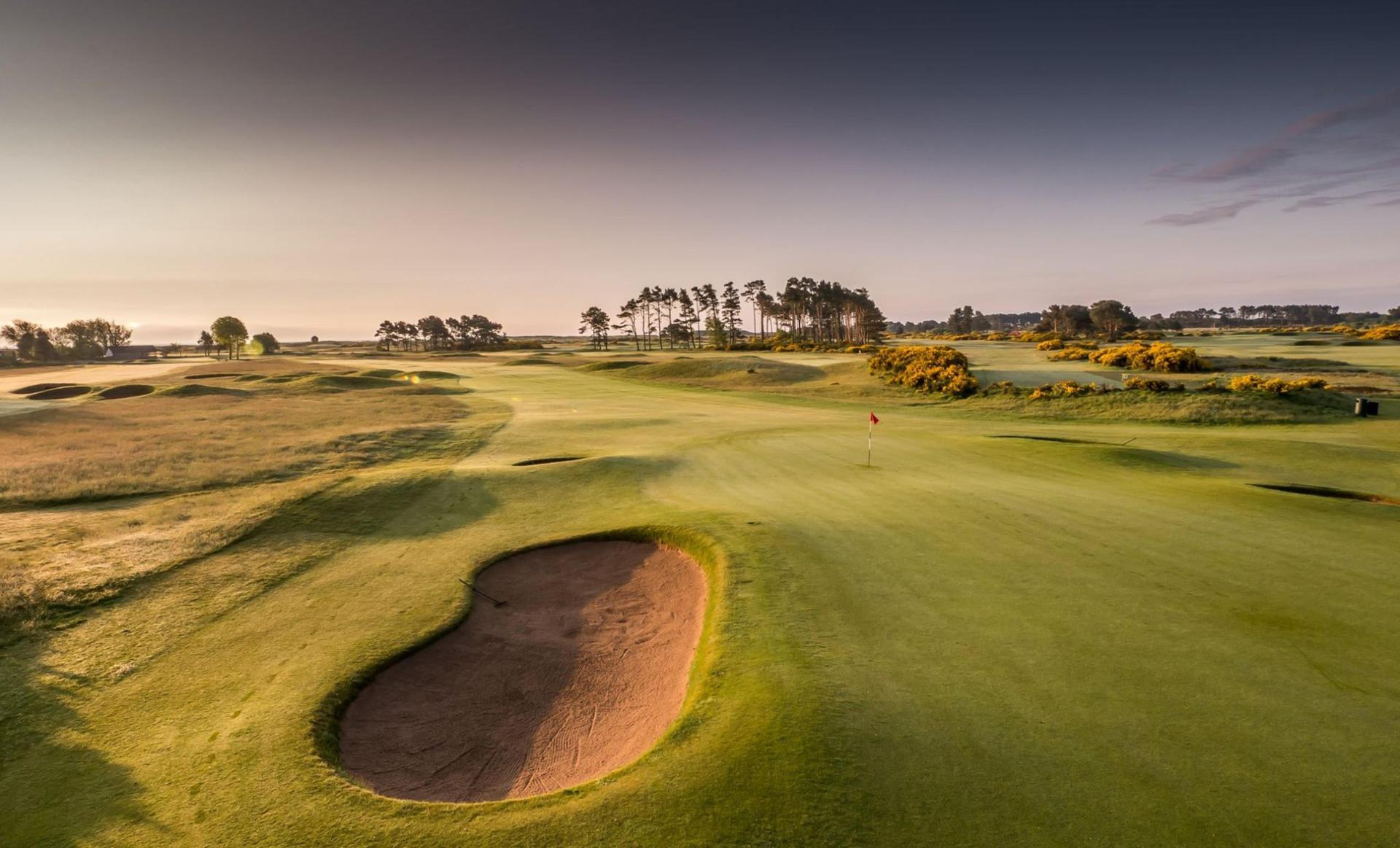 Pot bunkers surrounding the green on the Carnoustie Championship Course