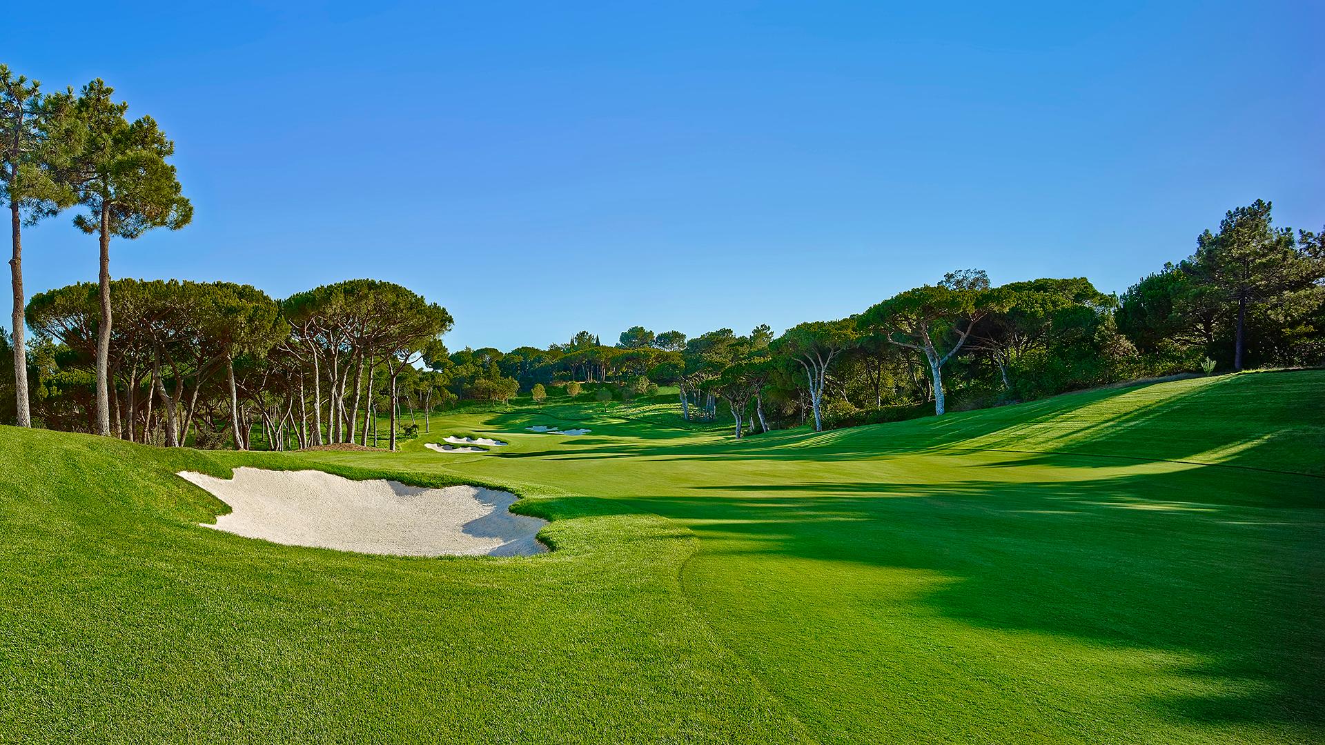 A manicured fairway nestled with sand bunkers under clear blue skies