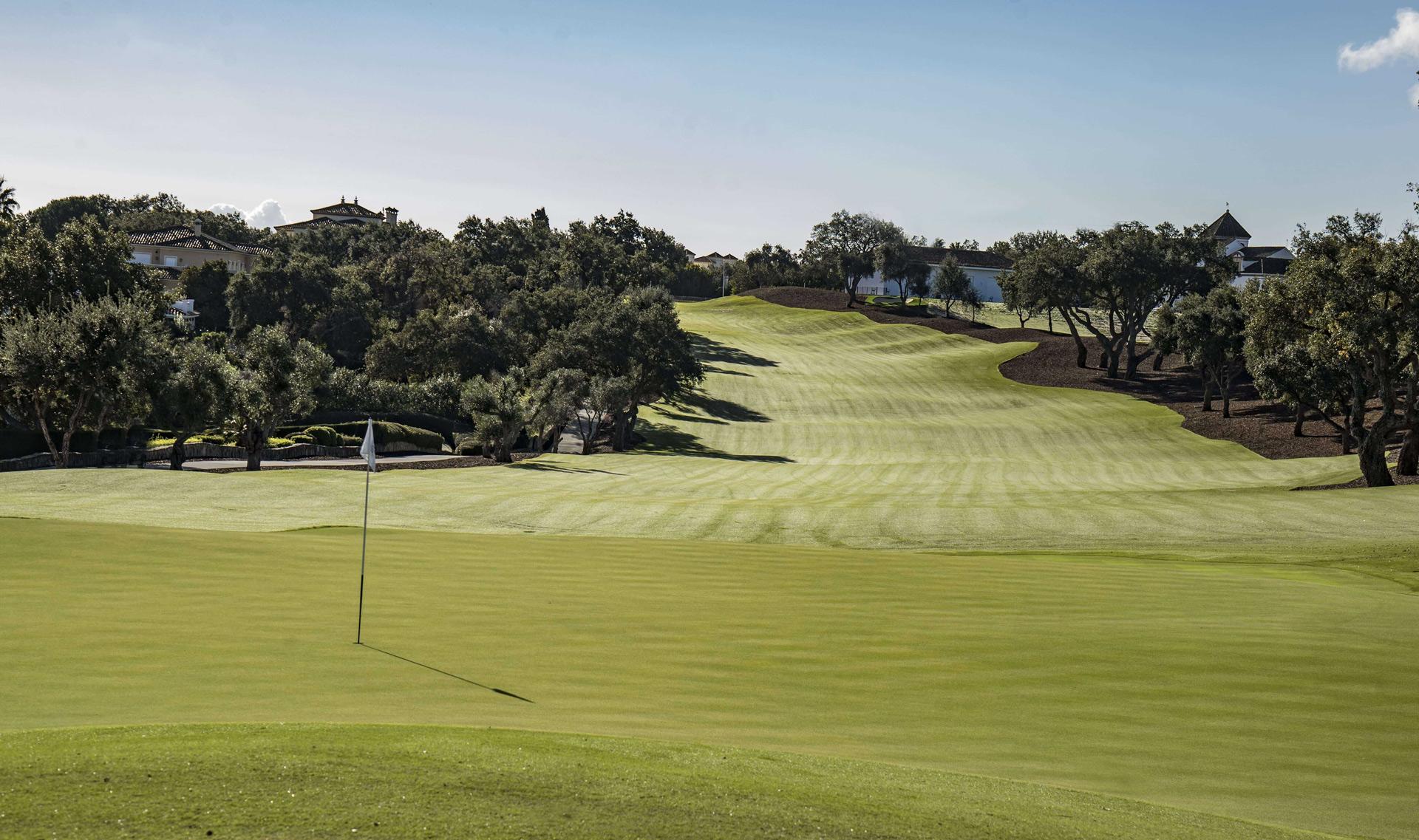 A well maintained wide fairway leading to a manicured green under clear blue skies