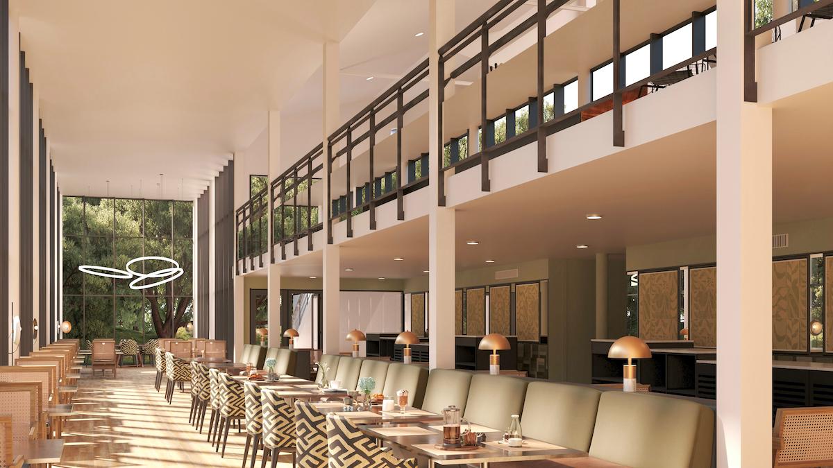 A modern dining room with panoramic windows for natural light