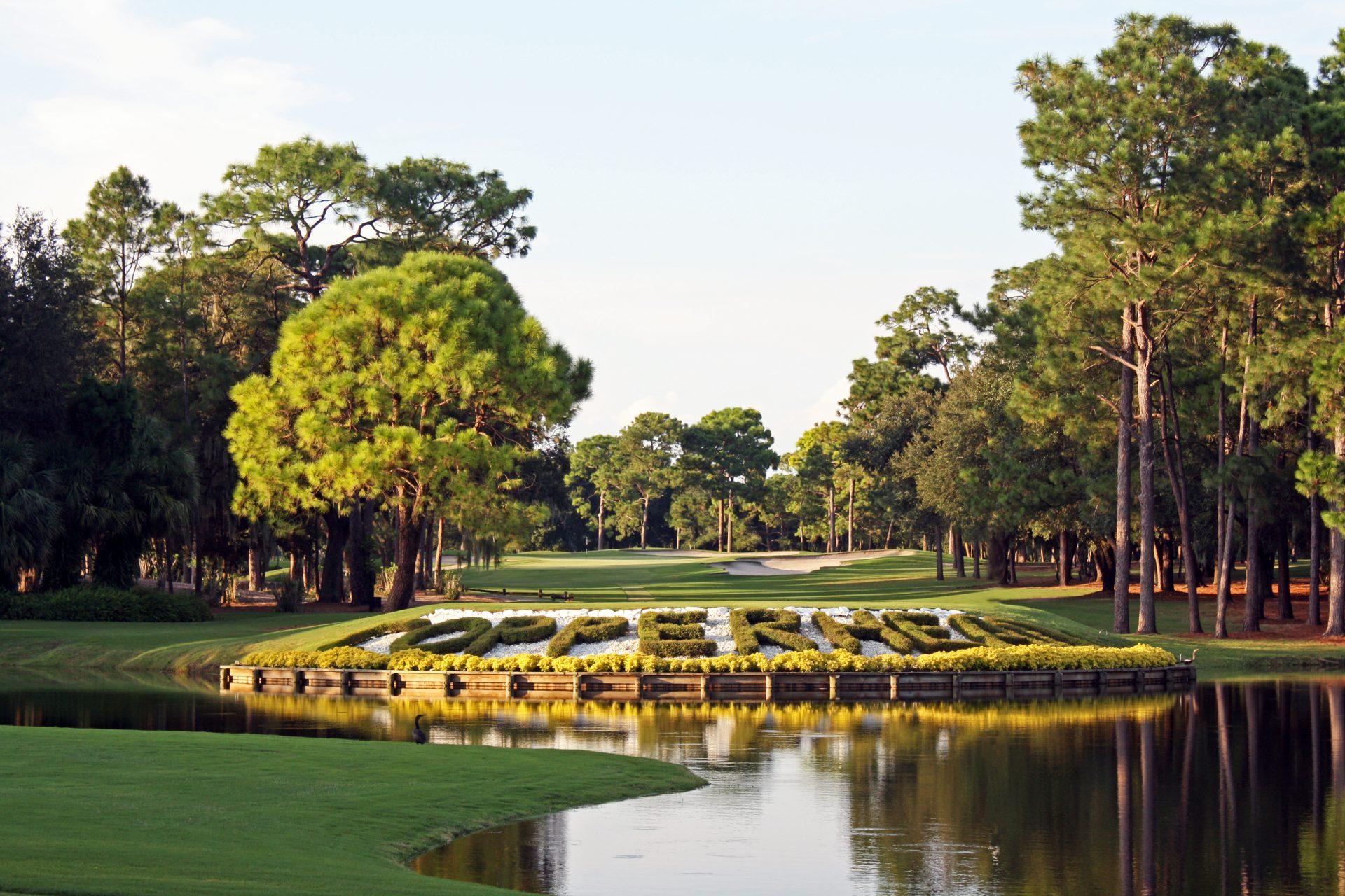 The Copperhead course name designed into a bush on the course elevated from a water hazard