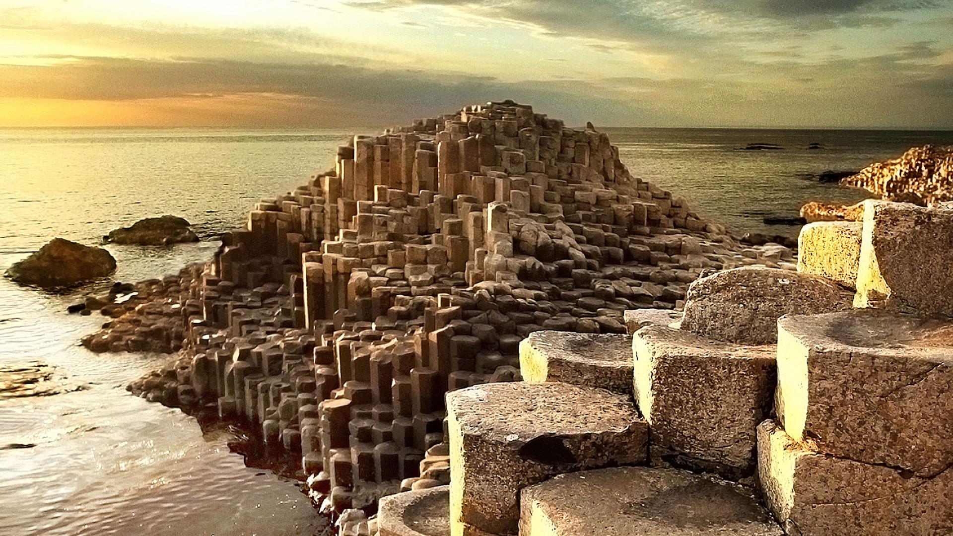 Giant’s Causeway basalt columns at sunrise, Northern Ireland