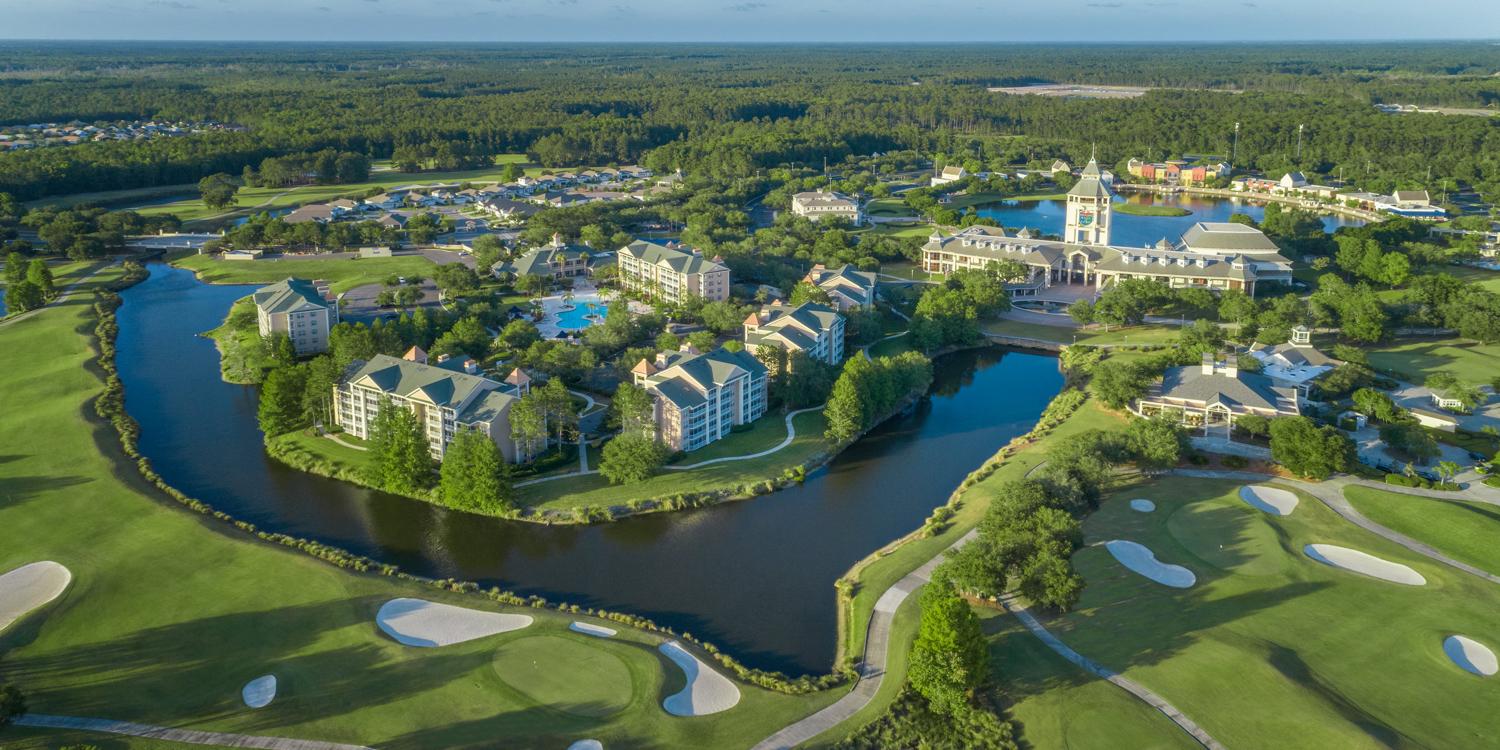Overhead view of Grande Villas at World Golf Village and their course
