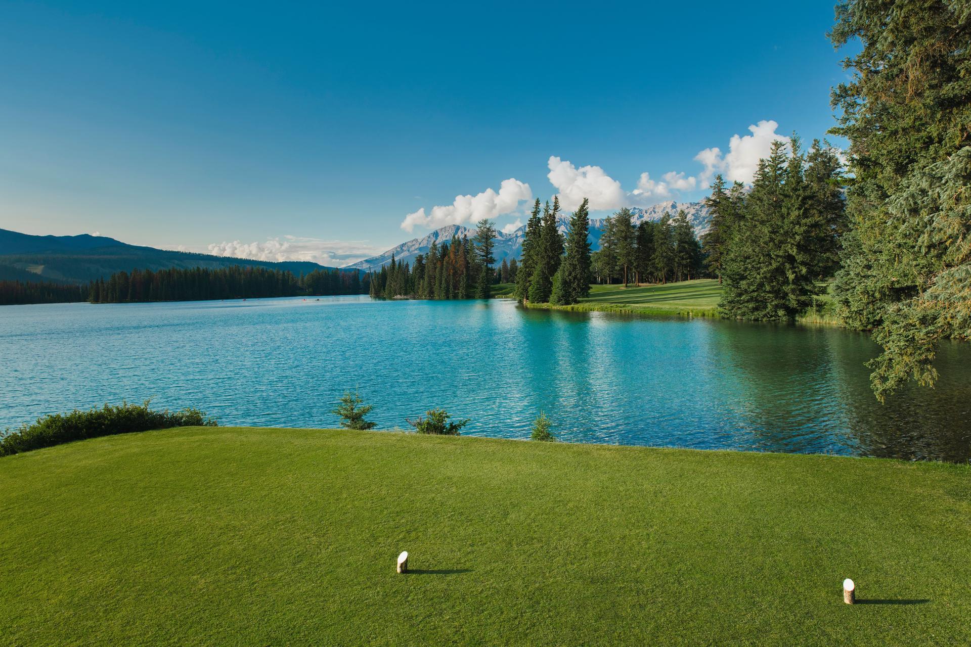 Sea views from the course with ice topped mountains in the distance