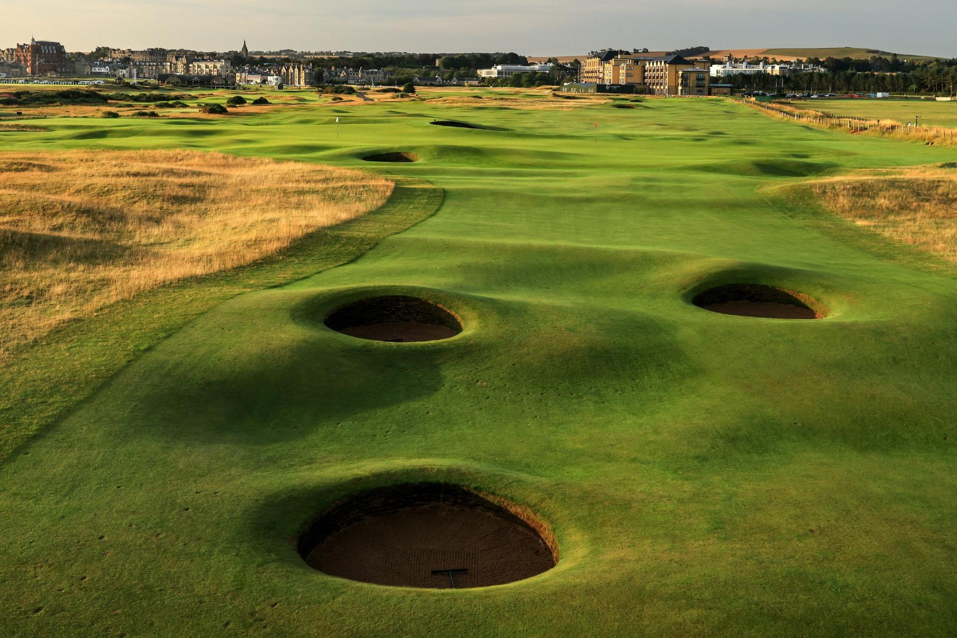 Pot bunkers on an undulating fairway at the Old Course