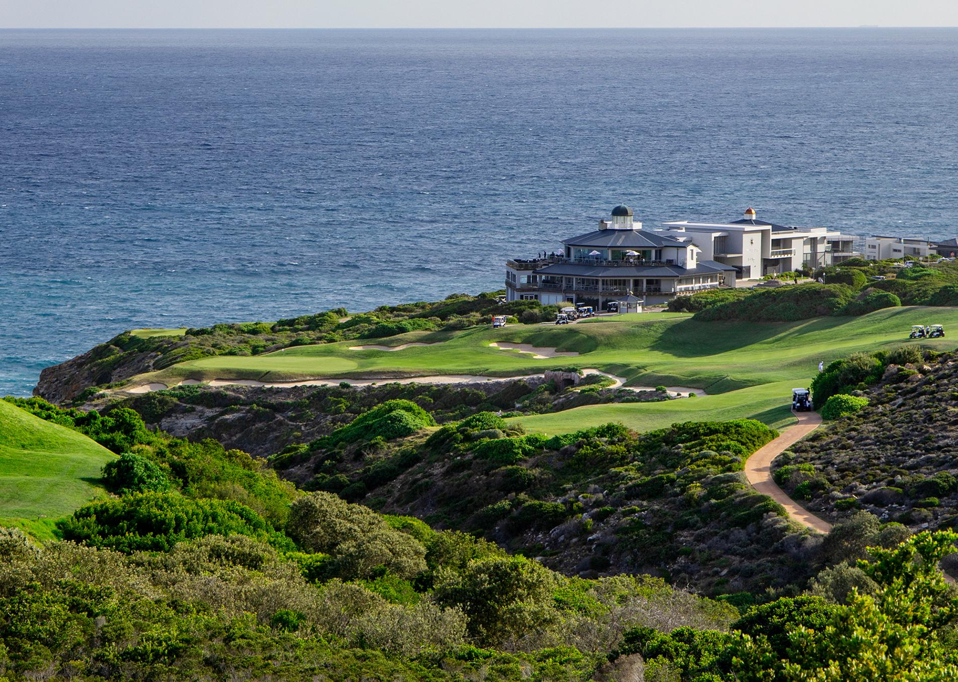 Aerial view of Pinnacle Point's cliffside greens