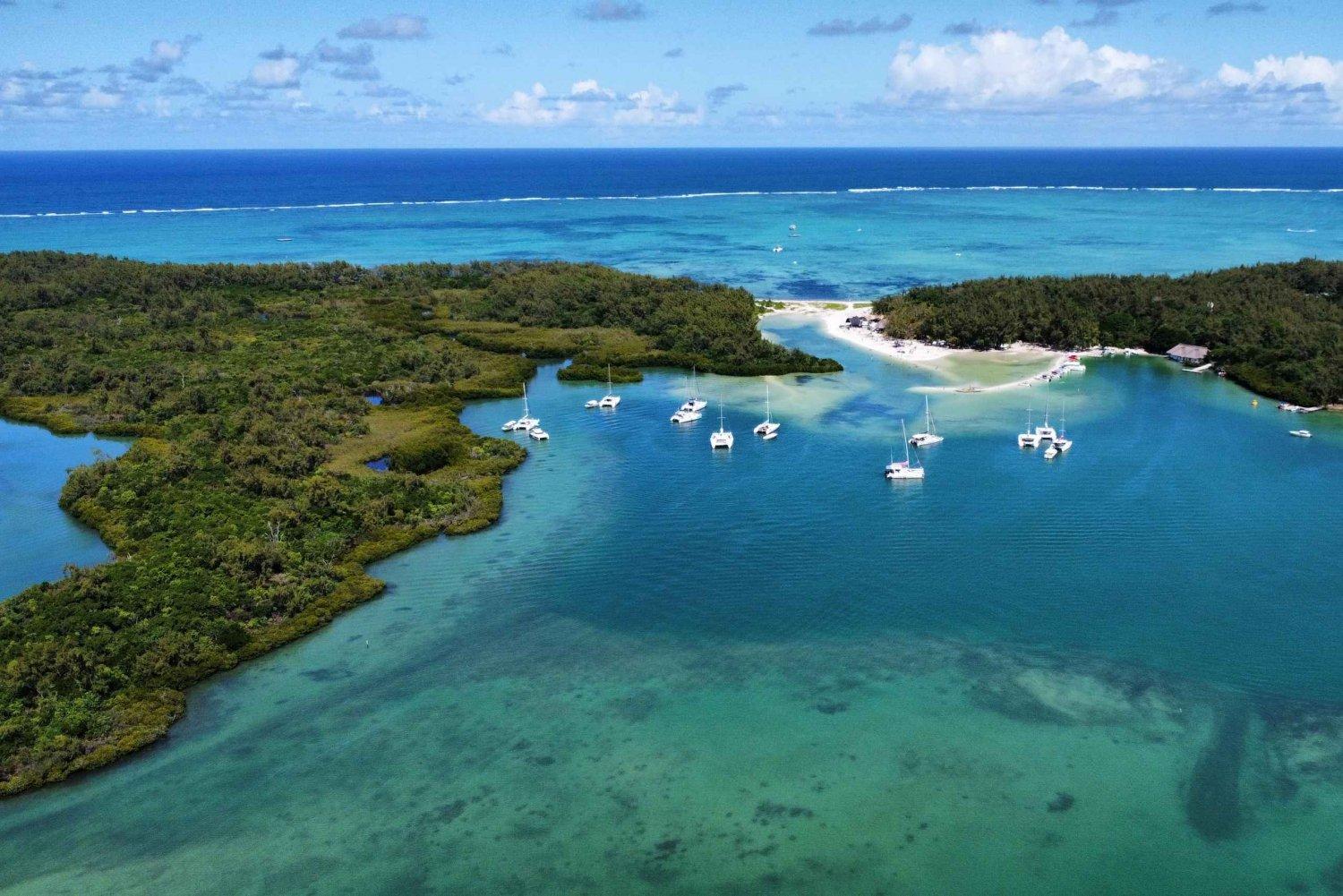 Aerial view of Mauritian turquoise waters with boats sailing around