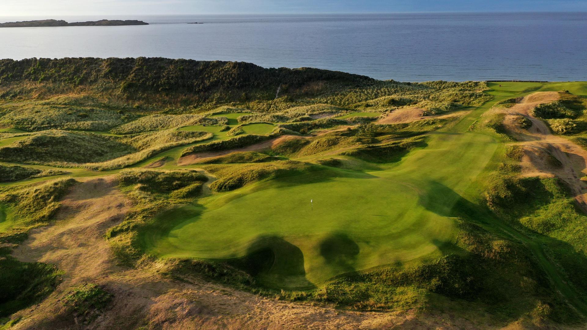 Aerial view of Royal Portrush course nestled among sand dunes