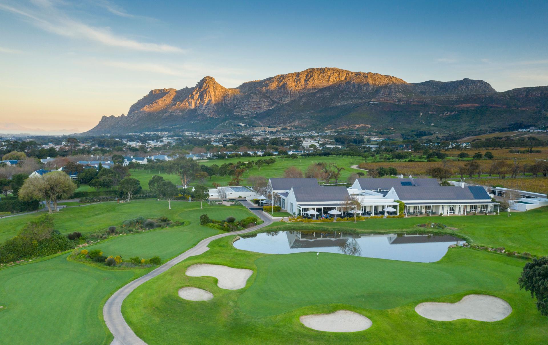 Clubhouse at Steenberg Golf Club, with mountains in the background