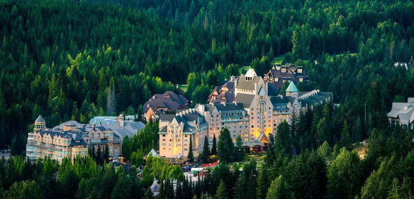 Overhead view of the Whistler resort surrounded by forest trees
