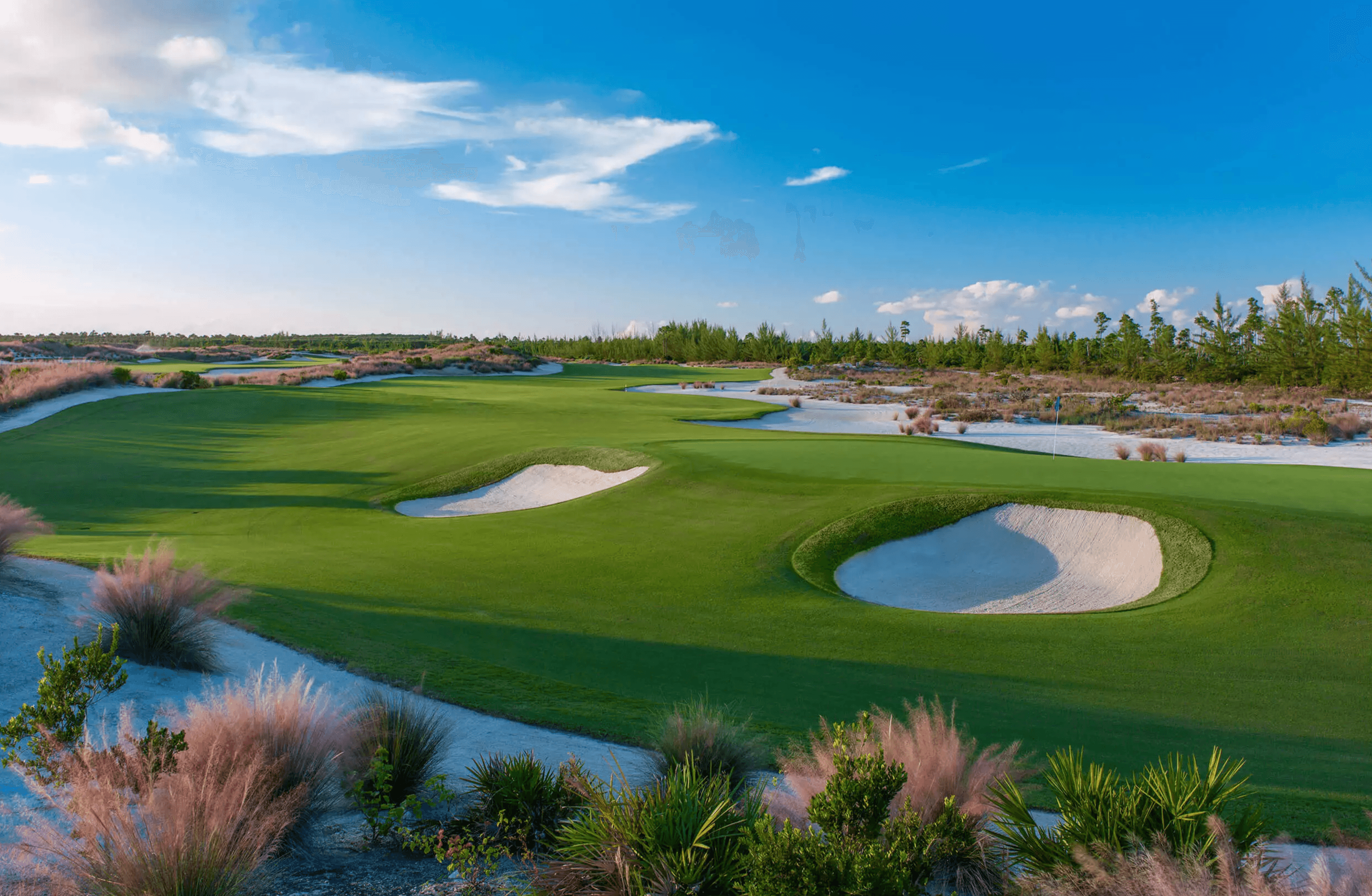 Panoramic view of a winding fairway littered with sand bunkers