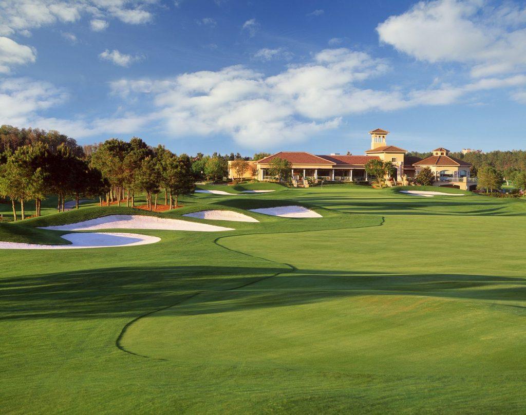 Manicured fairway with the clubhouse in the background