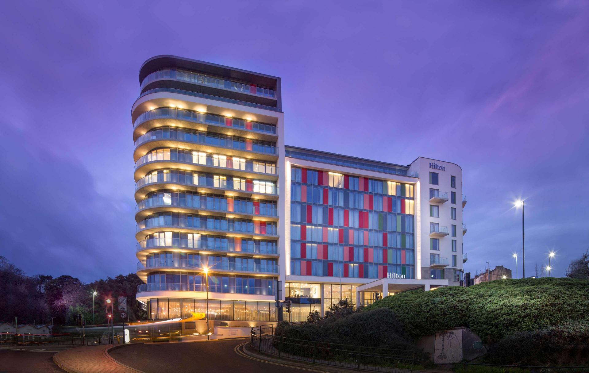 Panoramic view of the Hilton Bournemouth hotel at evening