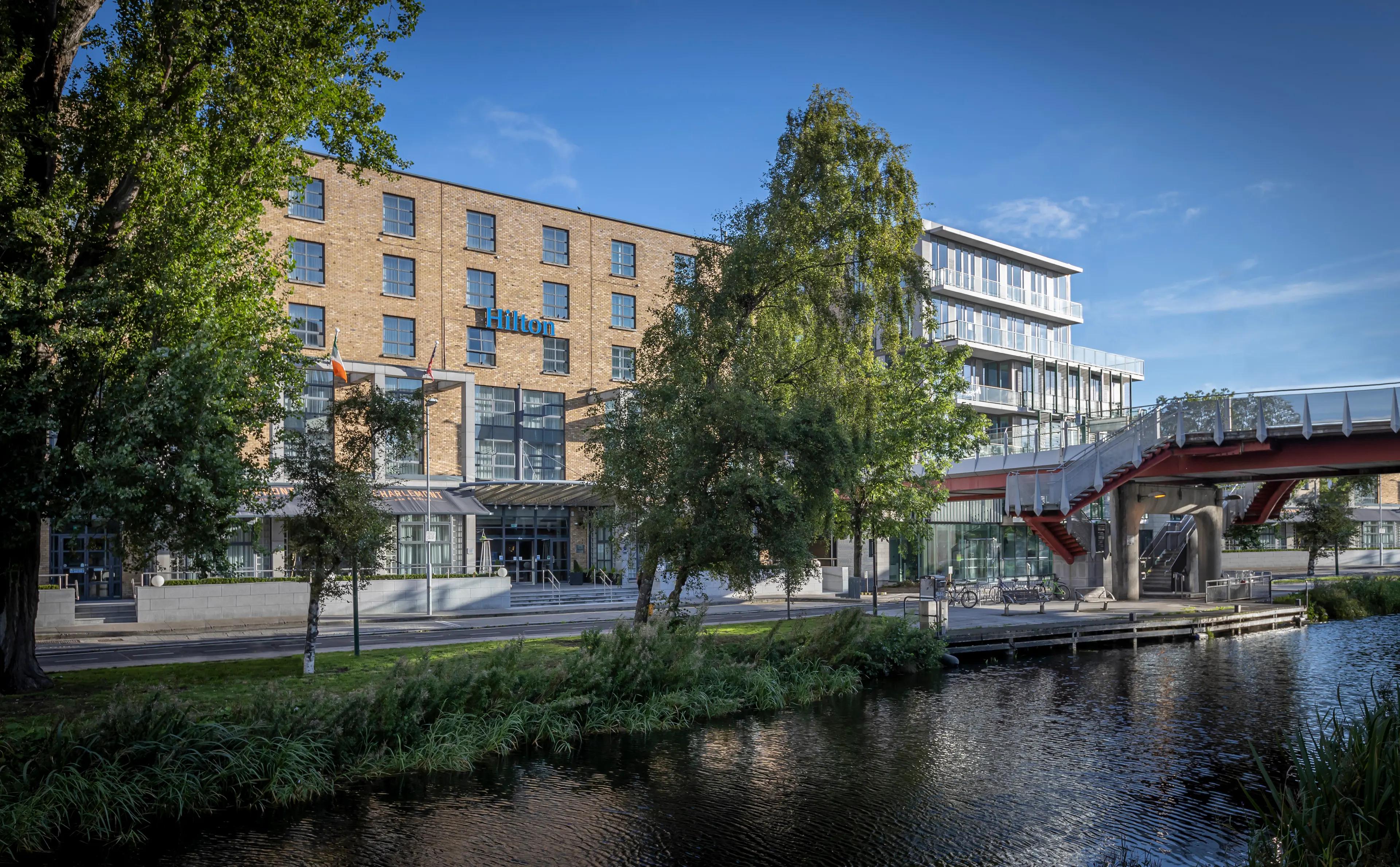 Panoramic view of the Hilton Dublin from across the canal