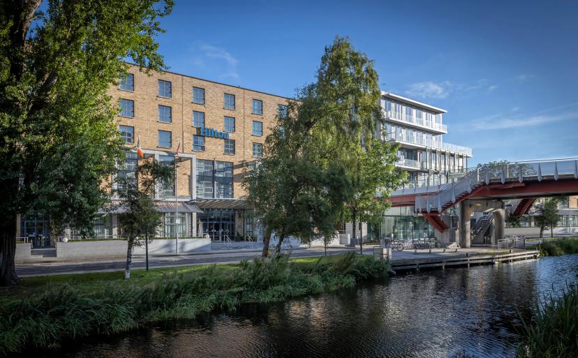 Panoramic view of the Hilton Dublin from across the canal