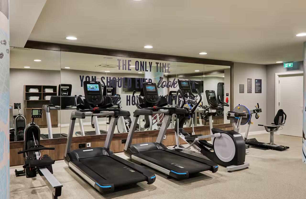 A gym at the hotel with all the necessary equipment