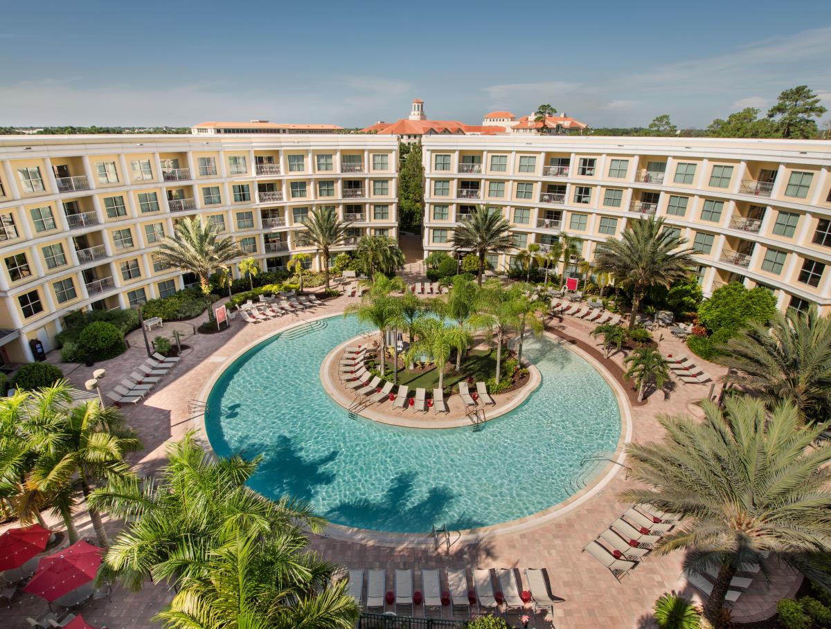 Aerial view of the outdoor pool area at the Melia Orlando Celebration