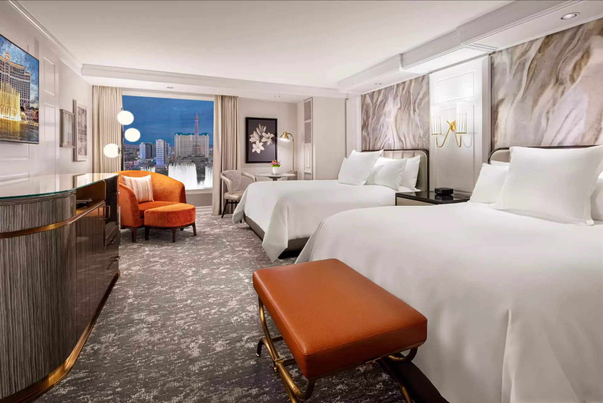 Twin double bed room with a window for views of the Vegas strip