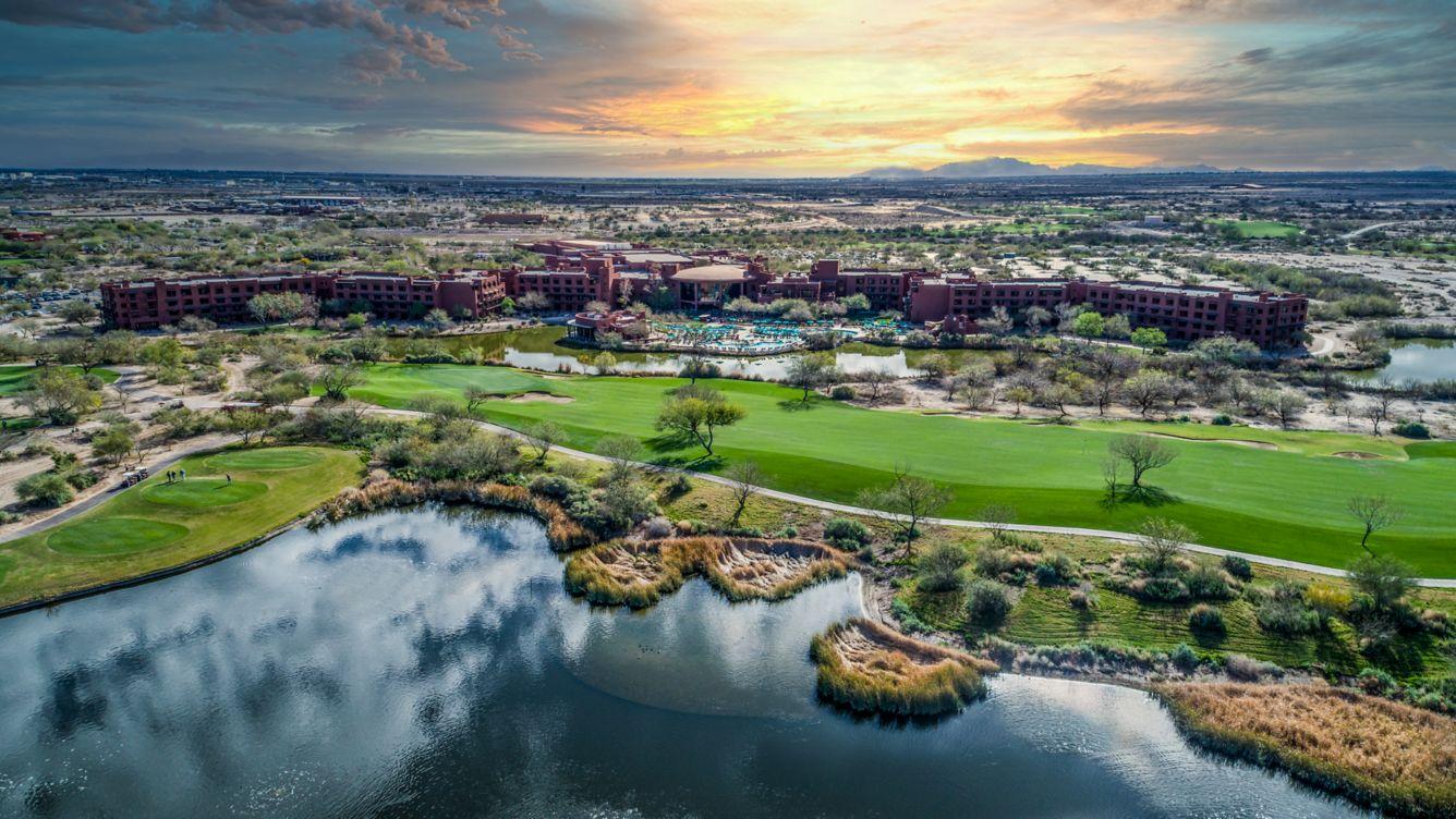 Aerial view of the resort next to their golf course