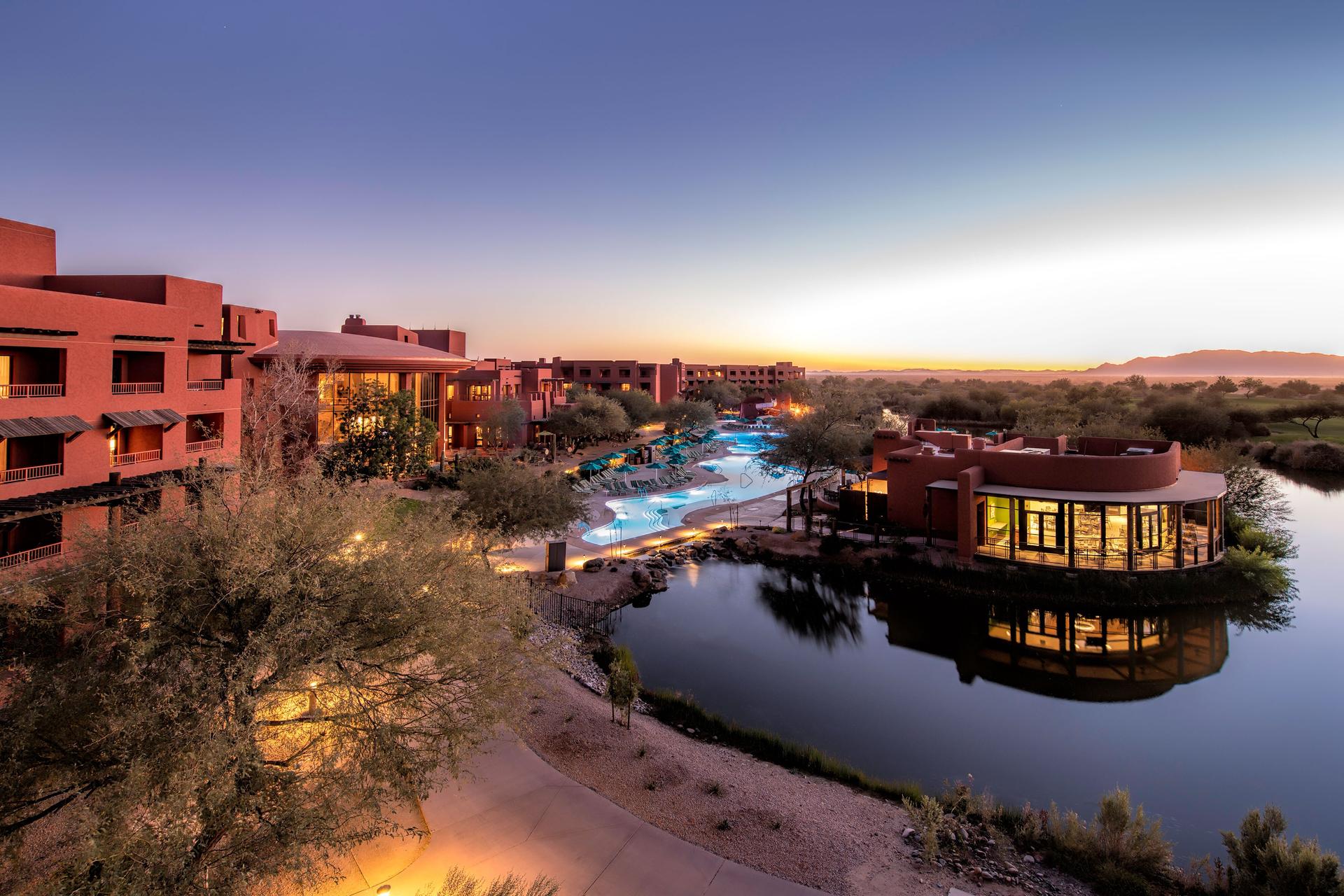 Panoramic view of the Sheraton Grand at Wild Horse Pass being lit up at night