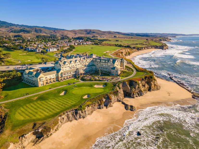 Aerial shot of the coastal resort elevated from the beach
