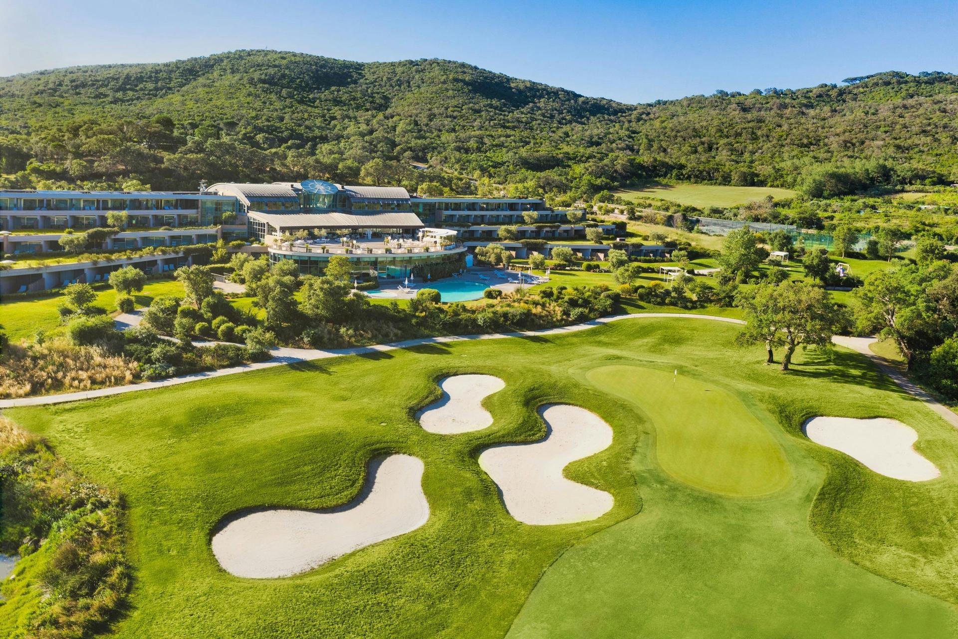 Overhead view of the Argentario Resort overlooking the golf course
