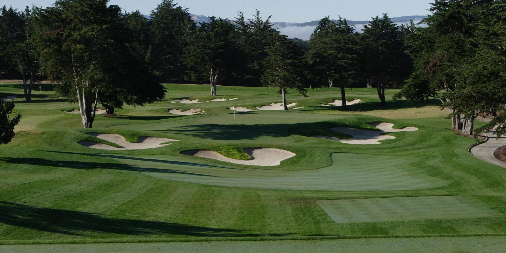 A slightly elevated green surrounded by sand bunkers