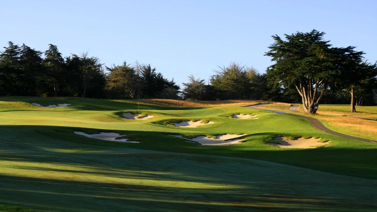 A winding fairway nestled with sand bunkers leading to a manicured green
