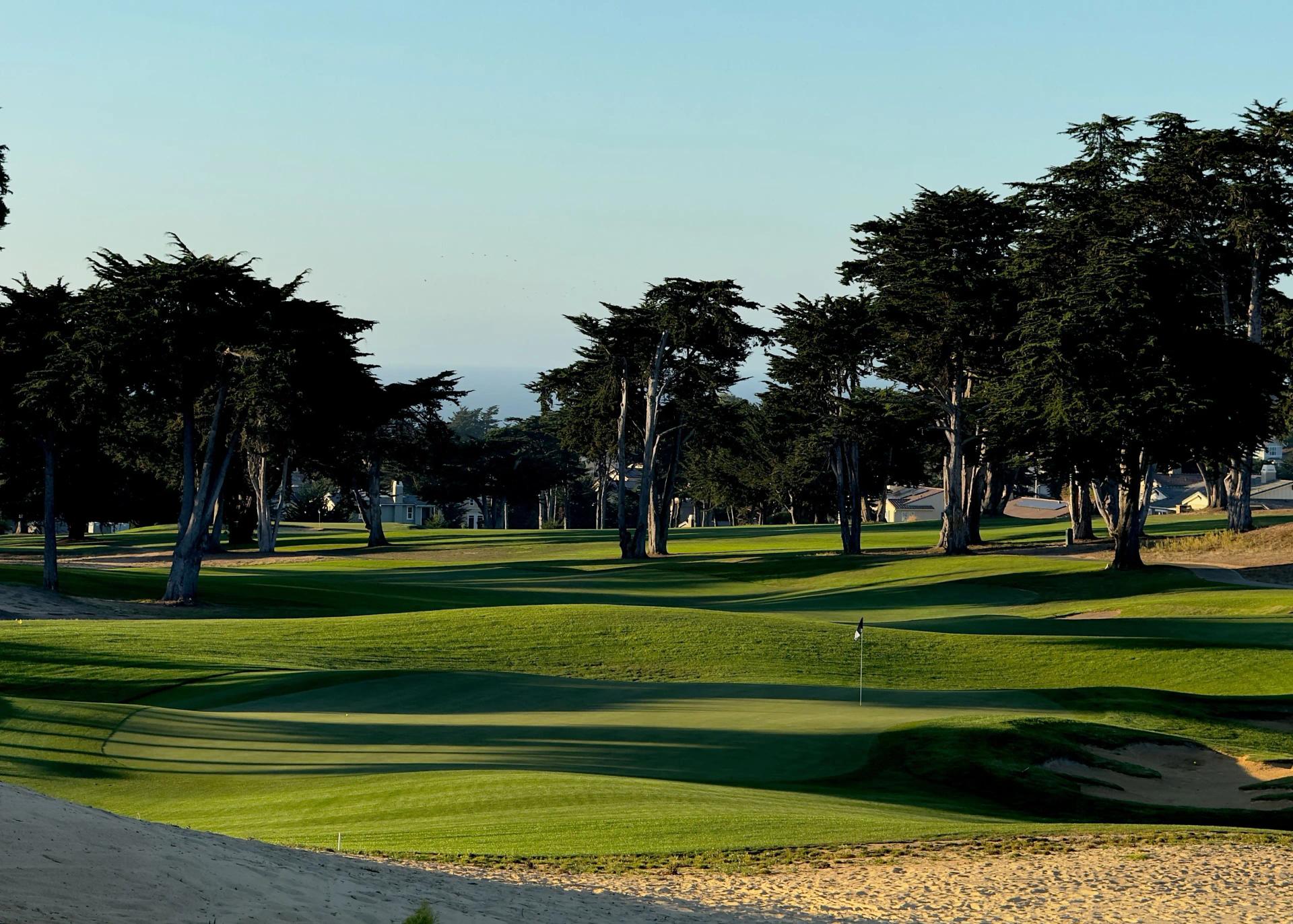 A smooth green with a sand bunker next to it