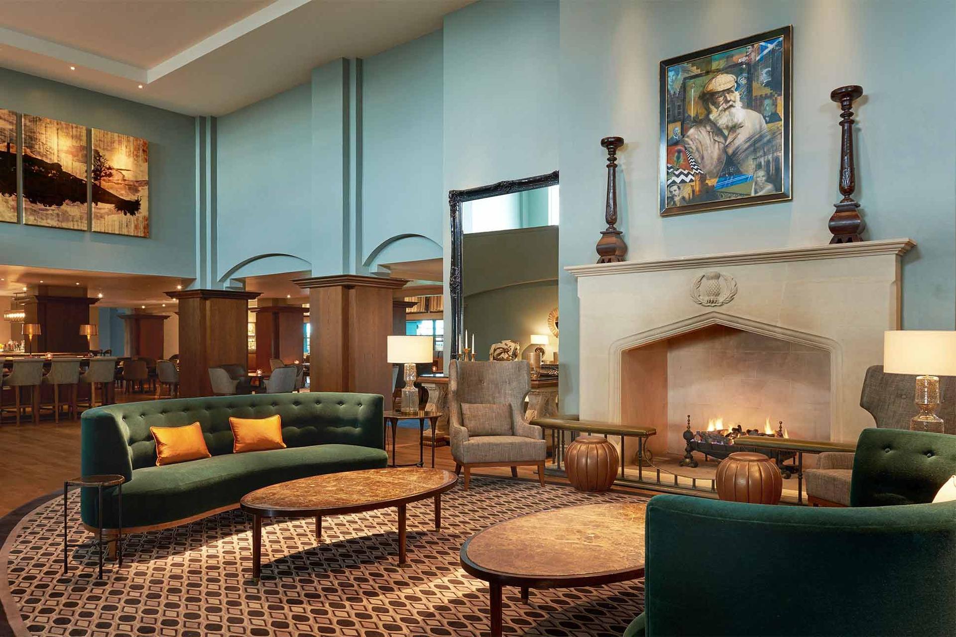 Lounging area at the resort with a fire place