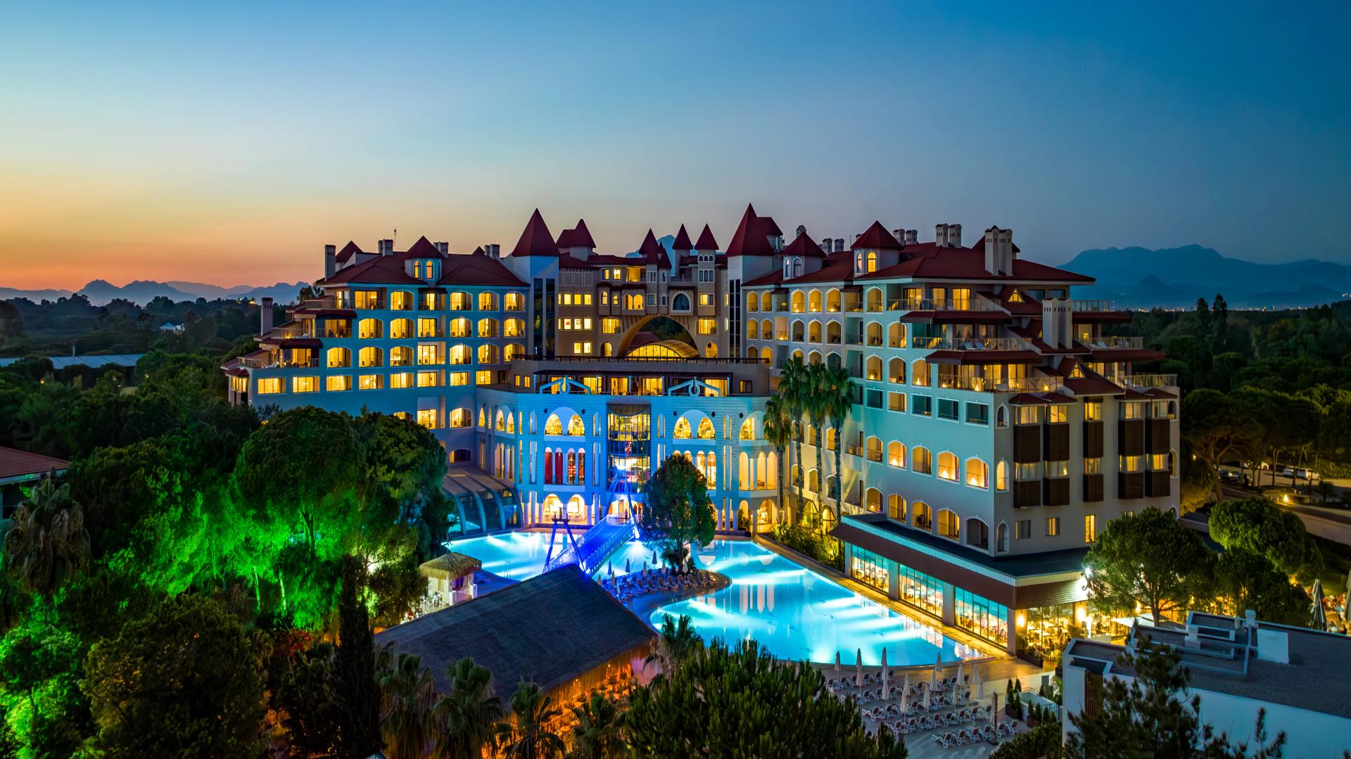 Panoramic view of the Sirene Belek Hotel at evening