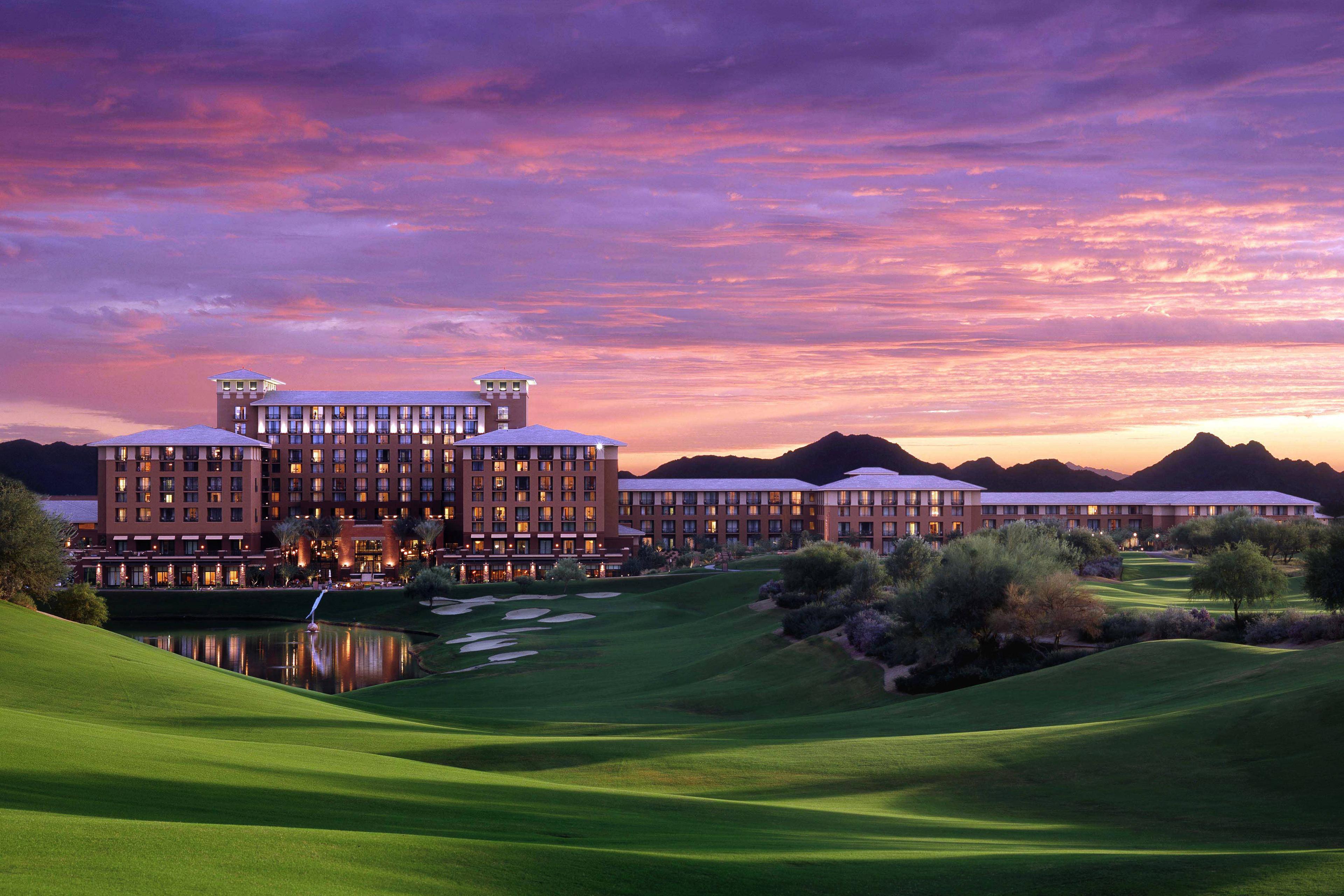 Panoramic view of the Westin Kierland Resort overlooking the course under a purple evening sky