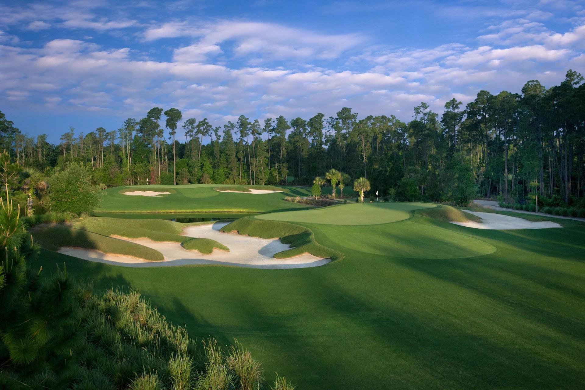 Aerial view of a smooth green surrounded by sand bunkers