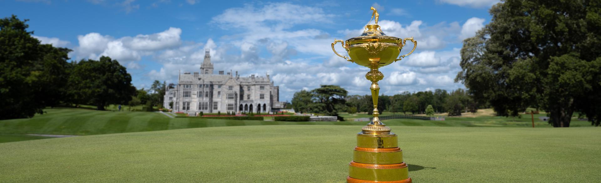 Panoramic view of the Ryder Cup Trophy with the Adare Manor Clubhouse in the background