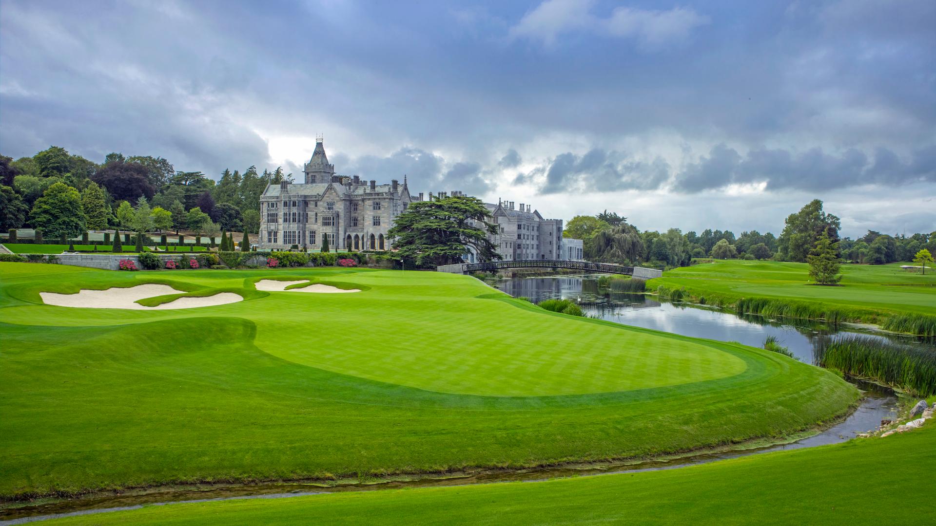 Panoramic view of the Adare Manor clubhouse overlooking the course