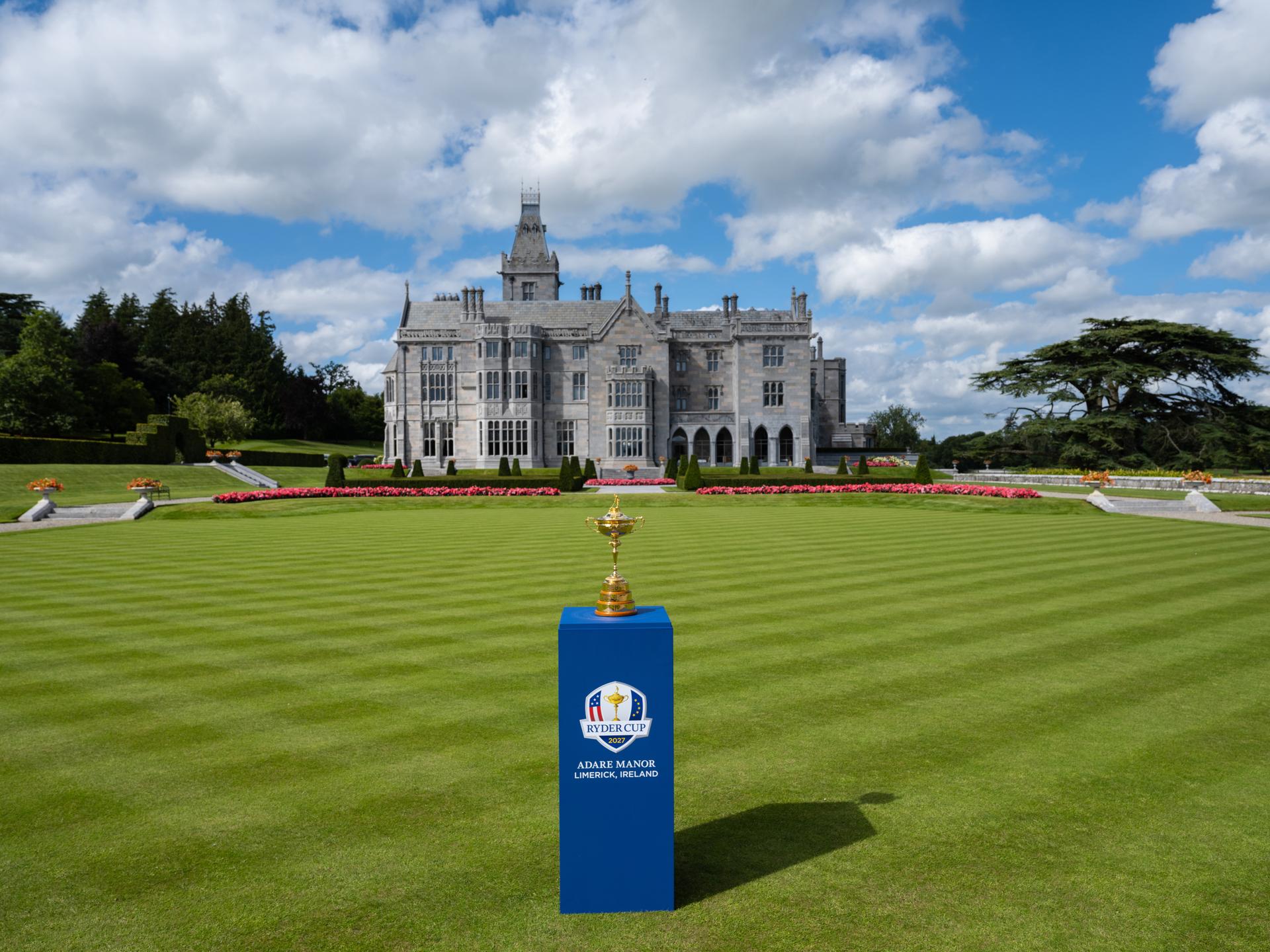 Panoramic view of the Adare Manor Clubhouse overlooking the Ryder Cup Trophy