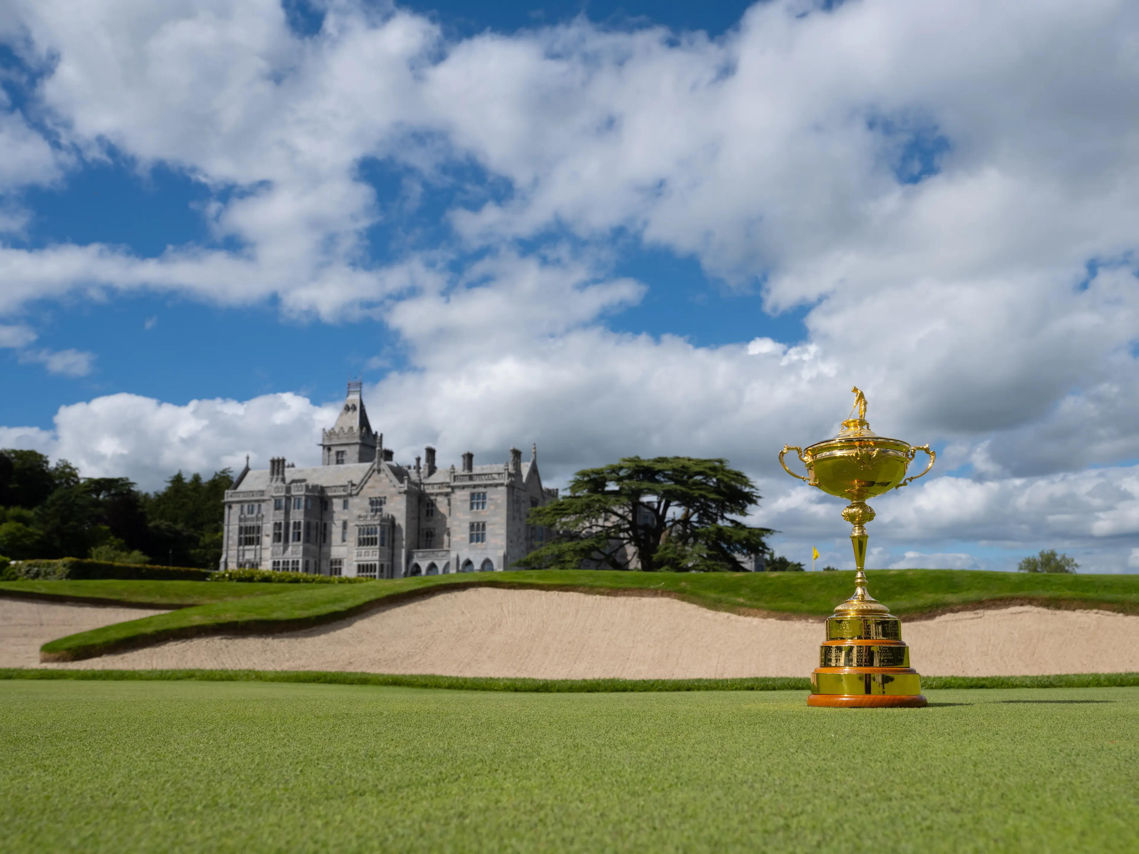Panoramic view of the Ryder Cup Trophy with the Adare Manor clubhouse in the distance